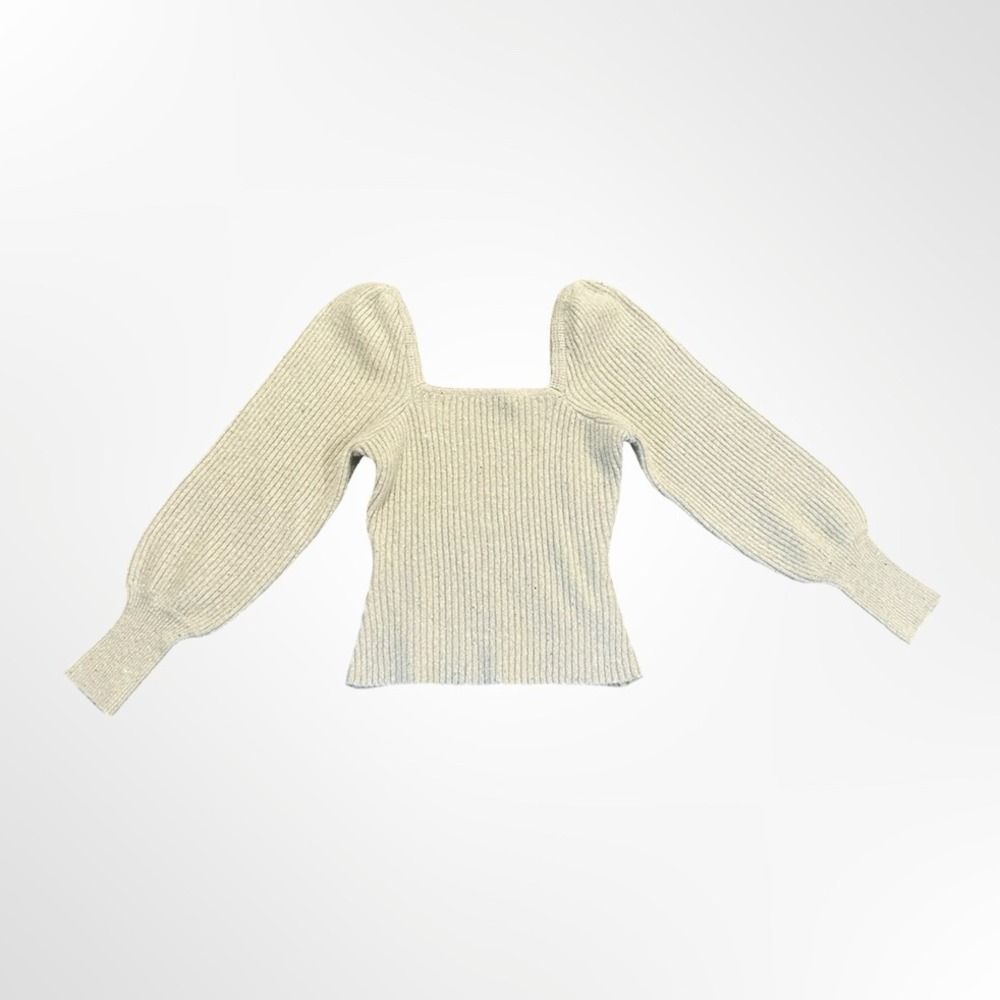 Fab'rik Cream Sequin Ribbed Knit Top Balloon Sleeves Square Neck Sweater Medium